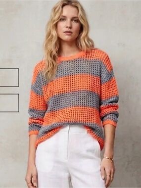 Zara Orange and Gray Striped Open-Knit Crew Sweater